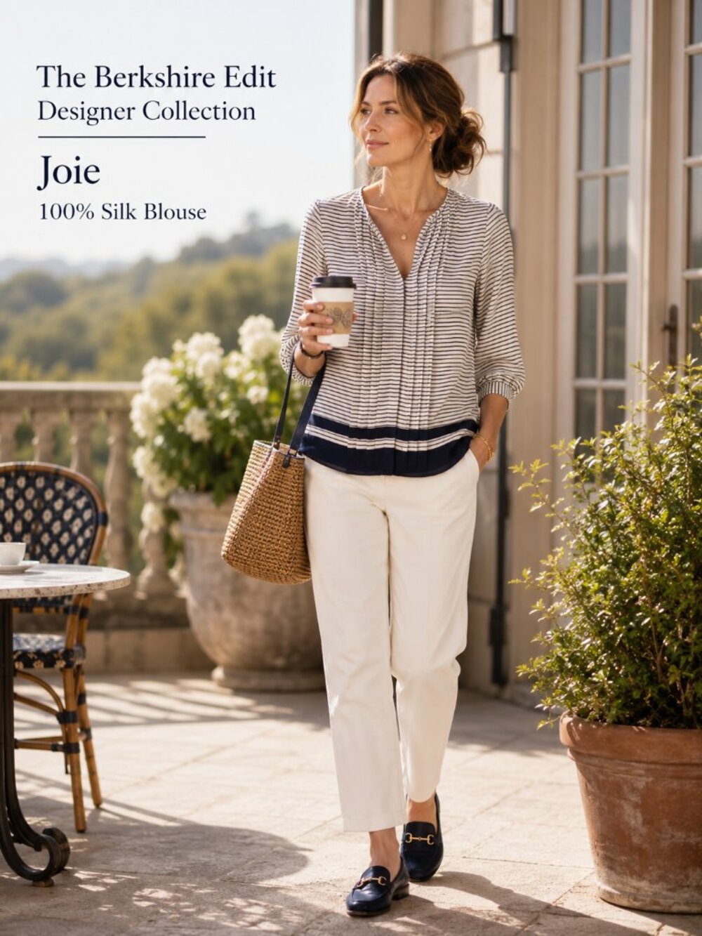 Joie 100% Silk Navy Ivory Stripe Sheer Blouse Boho Career Top Medium